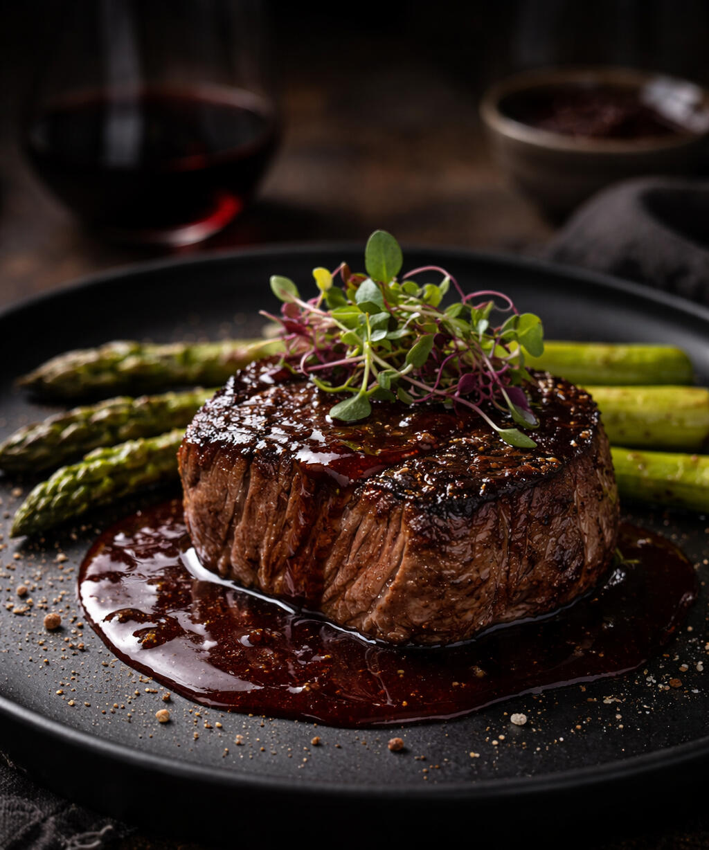 Seared sirloin with red wine demi and charred asparagus — Summit Plate private chef dining in Boone NC